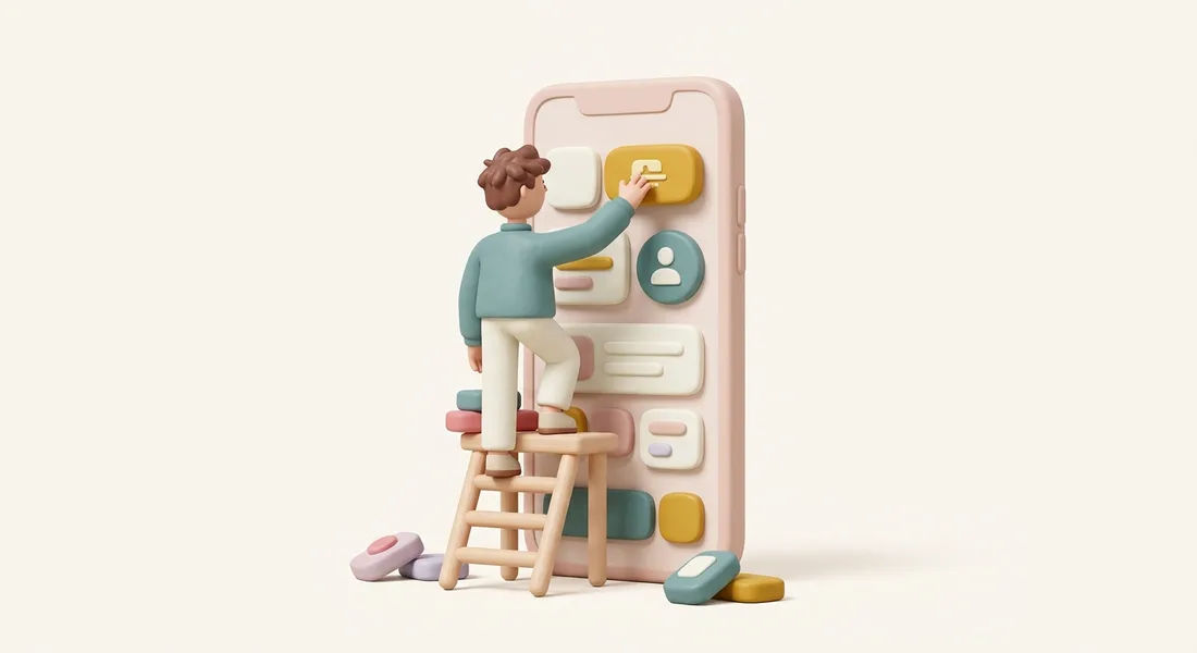 3D illustration of a developer assembling a giant phone interface from rounded blocks