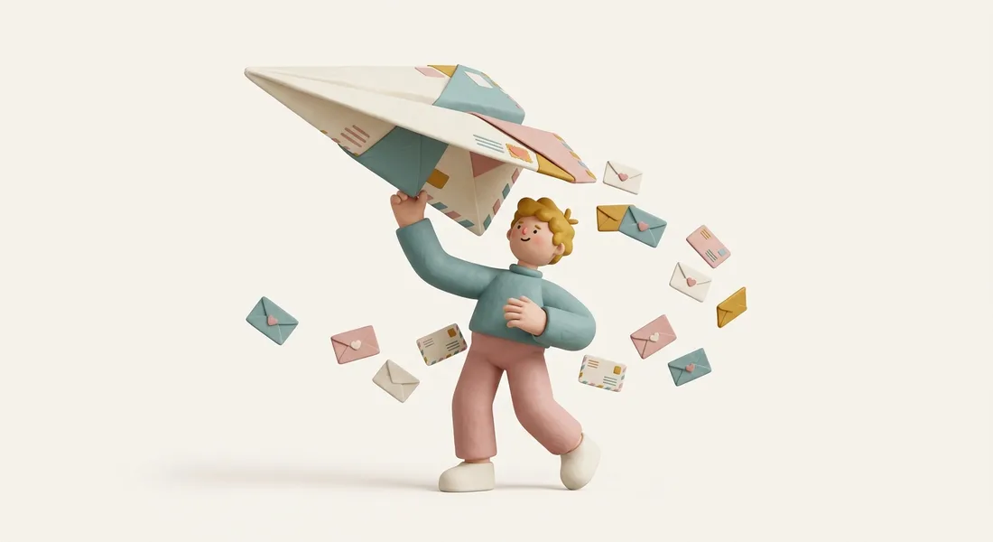 3D illustration of a character launching a paper aeroplane made from an envelope