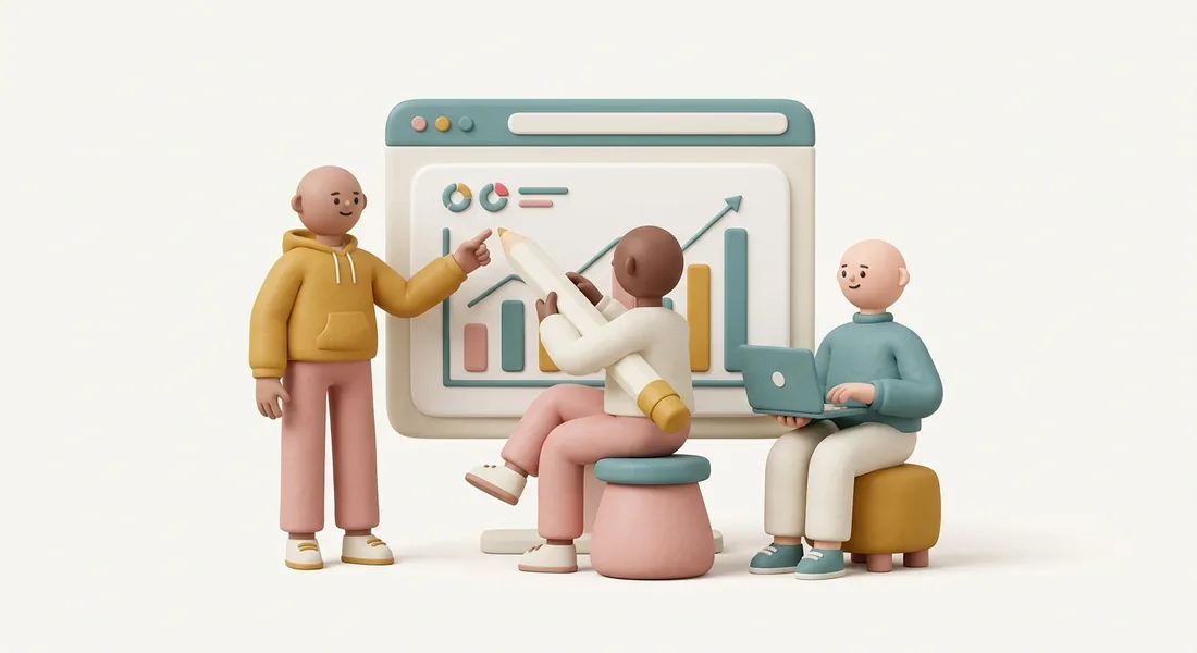 Three 3D characters collaborating around a giant browser window