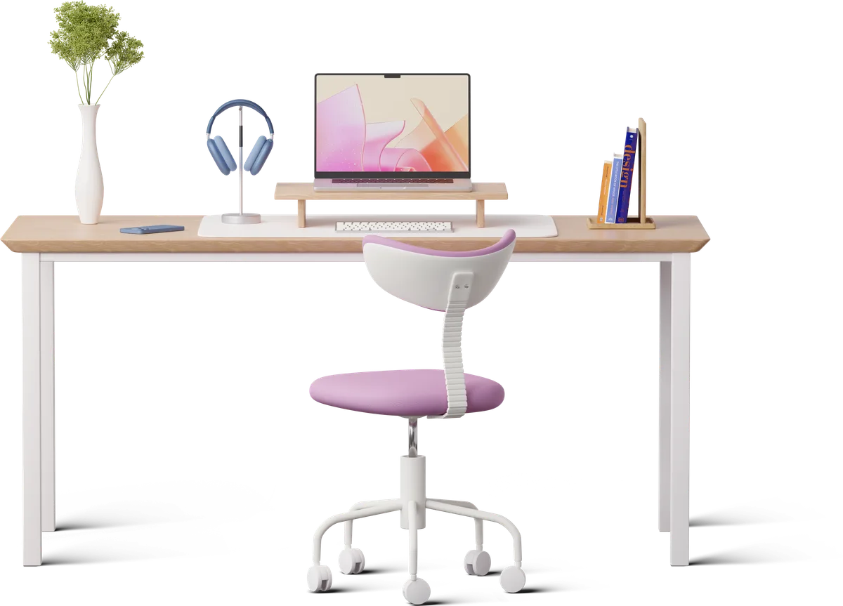 3D illustration of a tidy marketing workspace with laptop and pink chair